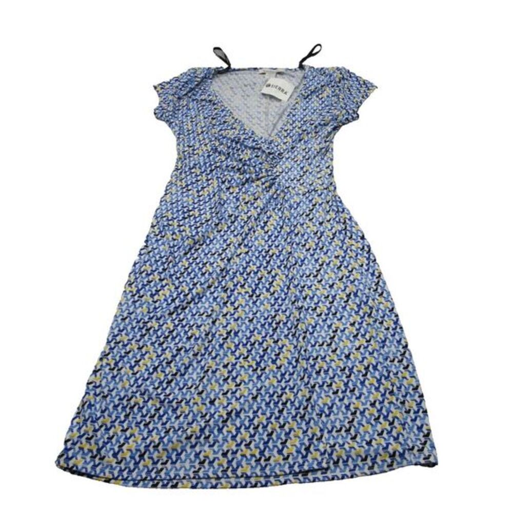 Laundry By Design Dress‎ Womens 6 Blue Yellow Geometric V-Nec Ruched Wrap NEW